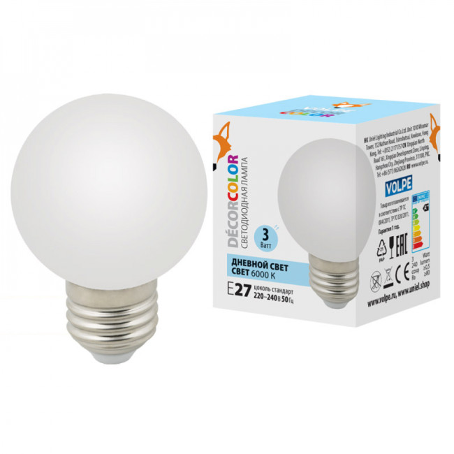 LED-G60-3W/6000K/E27/FR/С Лампа декоративная светодиодная. Форма "шар", матовая. Дневной свет (6000K